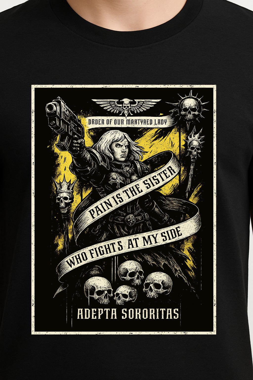 Adepta Sororitas “Pain Is the Sister” Unisex T-Shirt – Gothic War Banner Grimdark Graphic Tee
