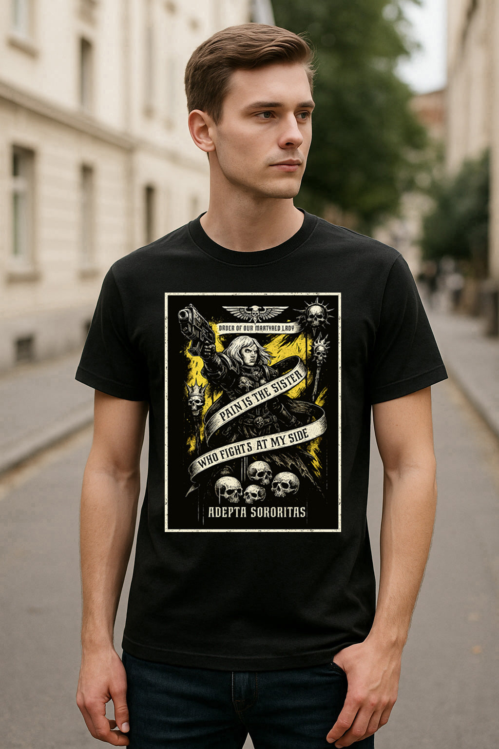Adepta Sororitas “Pain Is the Sister” Unisex T-Shirt – Gothic War Banner Grimdark Graphic Tee