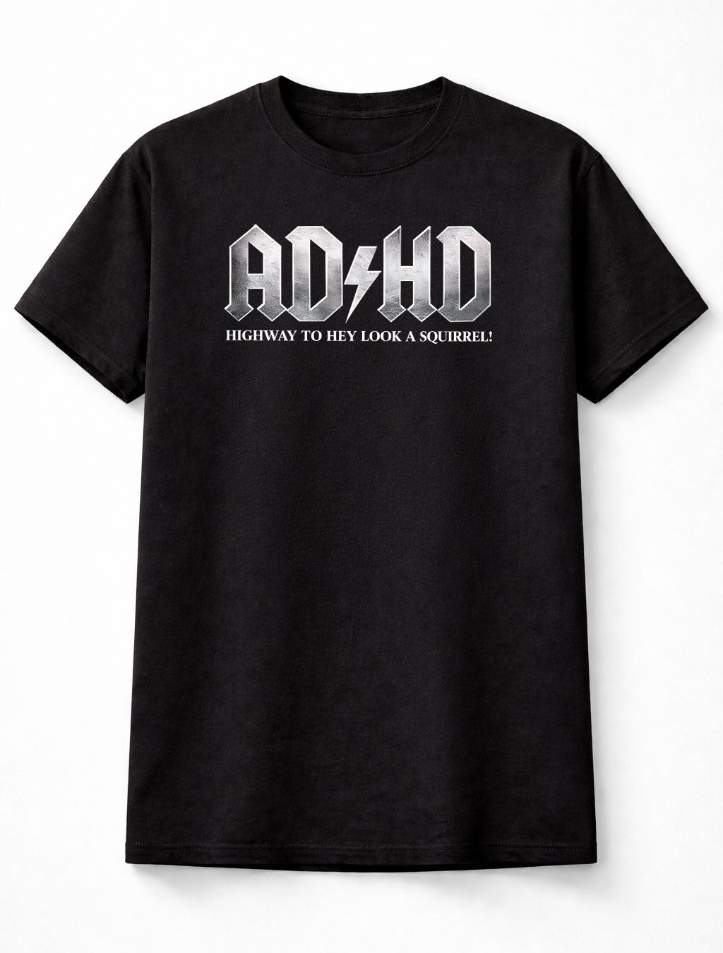 ADHD T-Shirt Funny Squirrel AC/DC Rock Parody Gothic Unisex Black Graphic Tee
