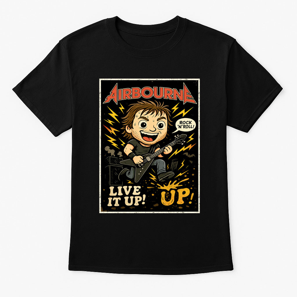 Airbourne “Live It Up” Unisex T-Shirt – High Voltage Rock ’N’ Roll Band Comic Style Tee