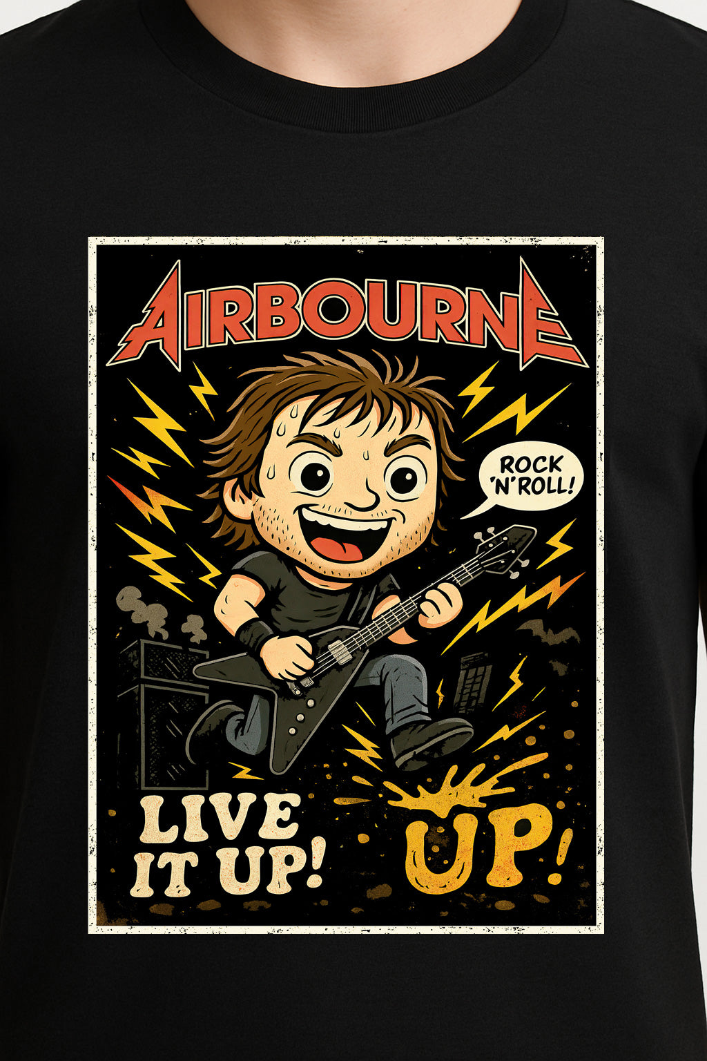 Airbourne “Live It Up” Unisex T-Shirt – High Voltage Rock ’N’ Roll Band Comic Style Tee