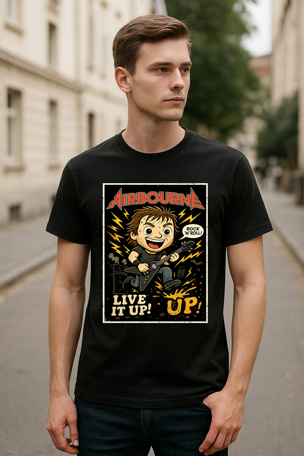 Airbourne “Live It Up” Unisex T-Shirt – High Voltage Rock ’N’ Roll Band Comic Style Tee