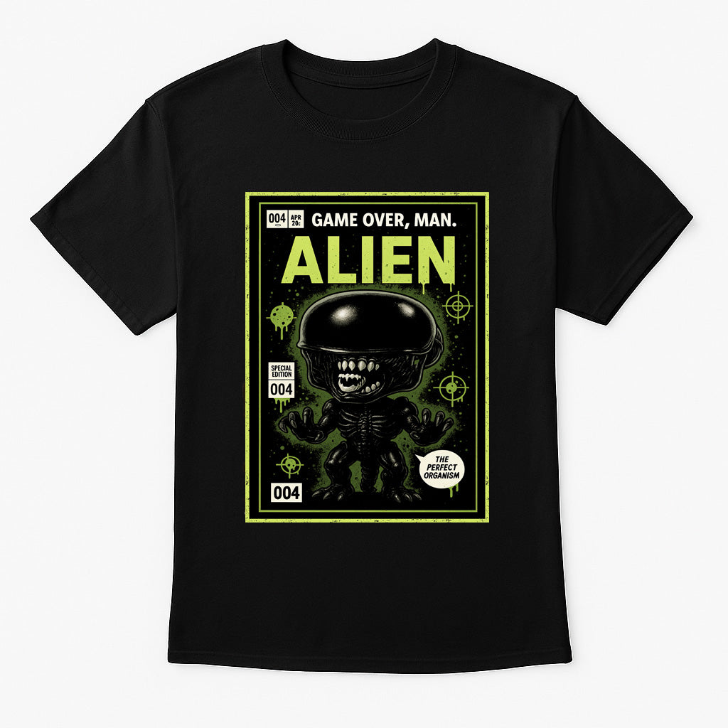 Alien “Game Over, Man” Comic Style Graphic Tee – Retro Sci-Fi Horror T-Shirt for Classic Movie Fans