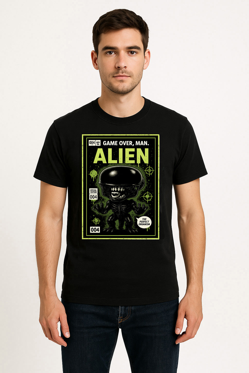 Alien “Game Over, Man” Comic Style Graphic Tee – Retro Sci-Fi Horror T-Shirt for Classic Movie Fans