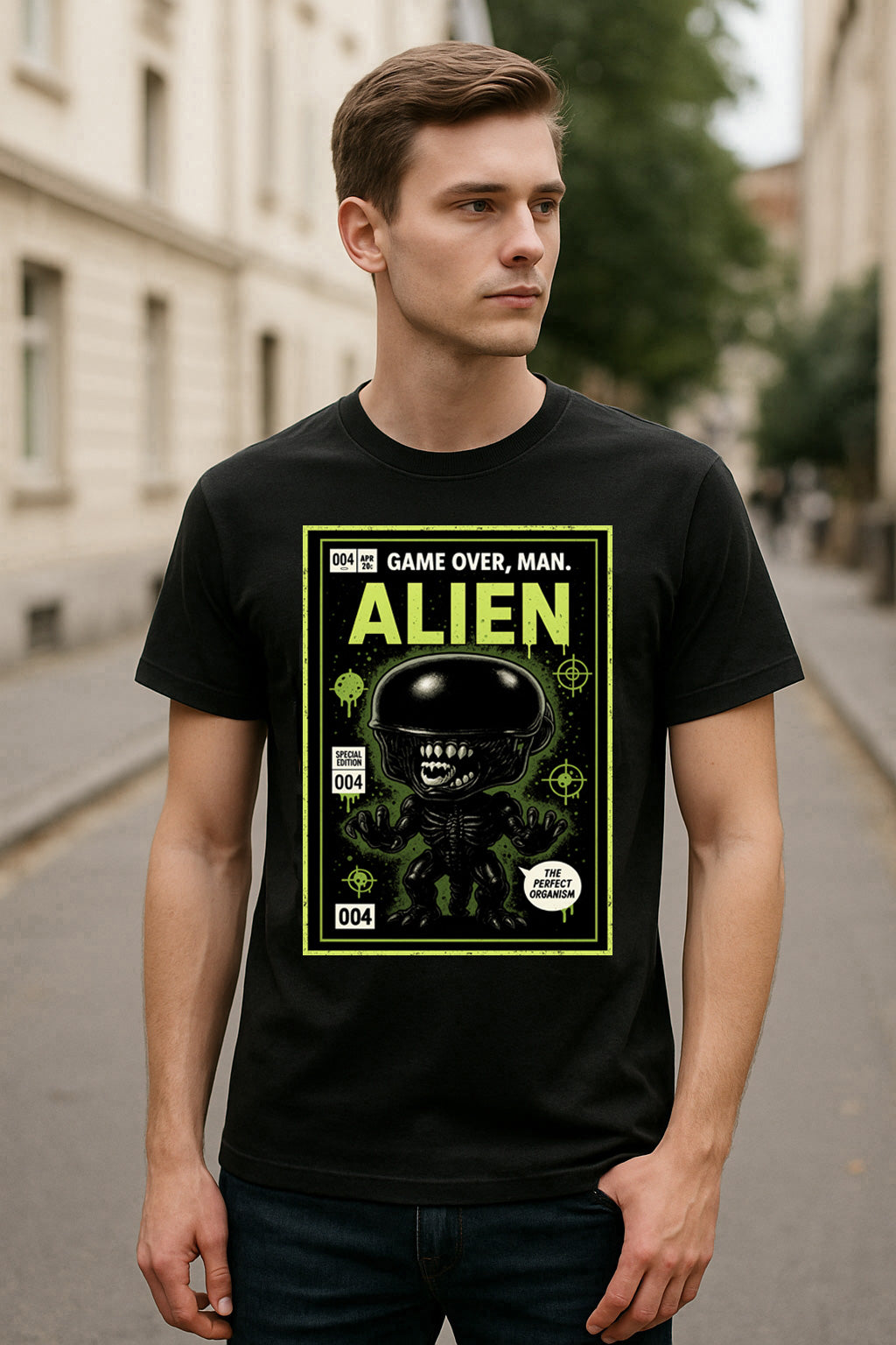 Alien “Game Over, Man” Comic Style Graphic Tee – Retro Sci-Fi Horror T-Shirt for Classic Movie Fans