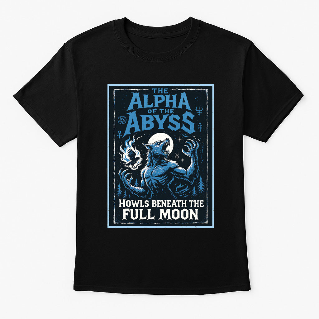 Alpha of the Abyss unisex t-shirt featuring werewolf howling at the full moon, gothic blue design printed on black cotton tee