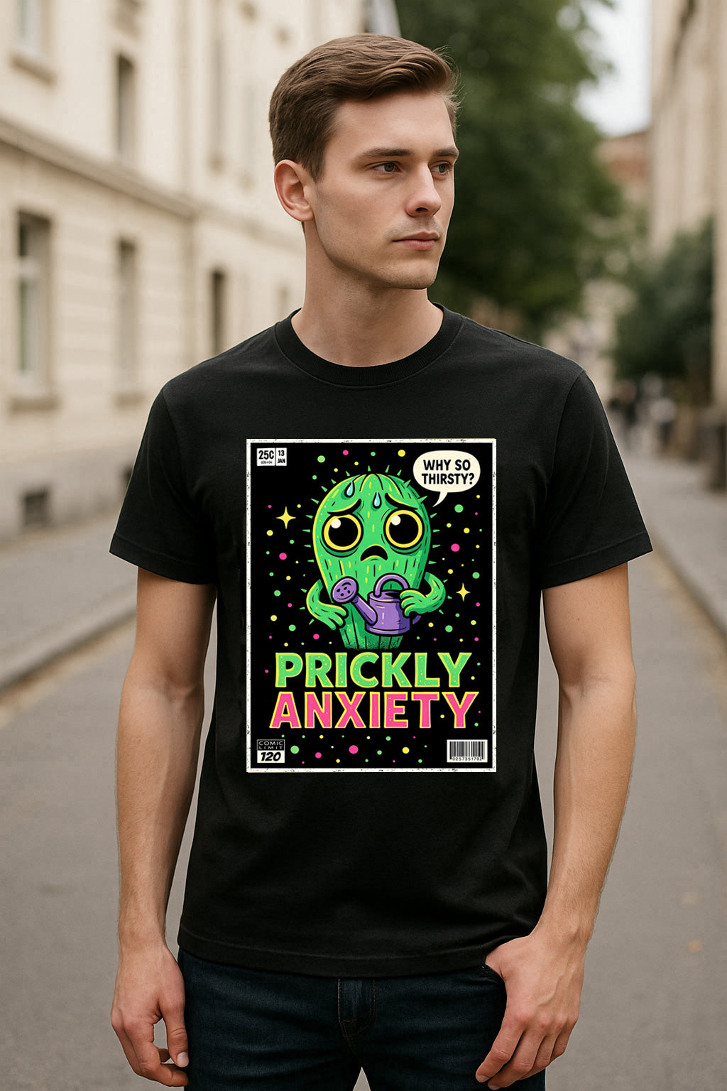 Prickly Anxiety Unisex T-Shirt – “Why So Thirsty?” Funny Cactus Mental Health Graphic Tee