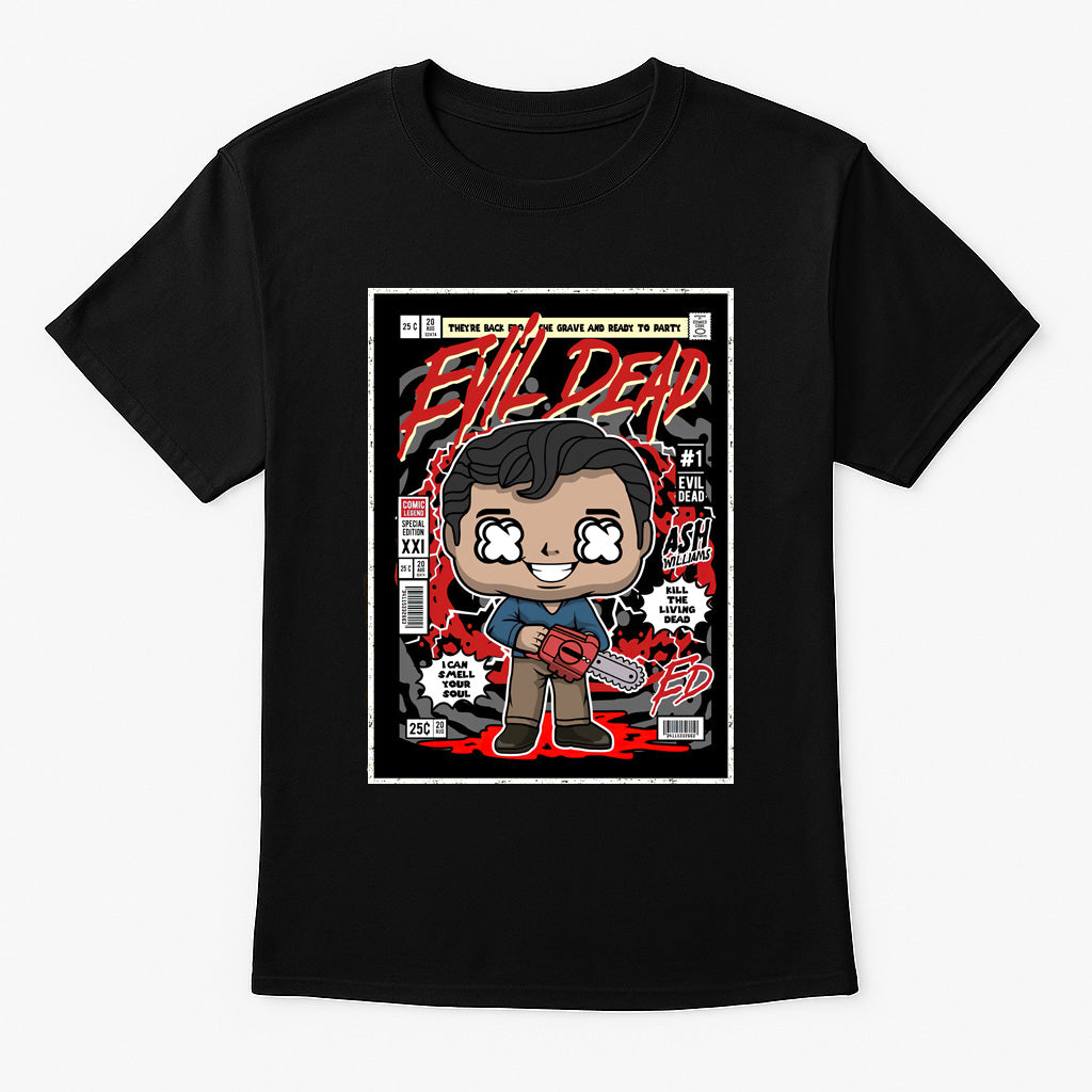 Evil Dead “Ash vs The Deadites” Graphic T-Shirt – Retro Comic Book Horror Tee for Cult Movie Fans