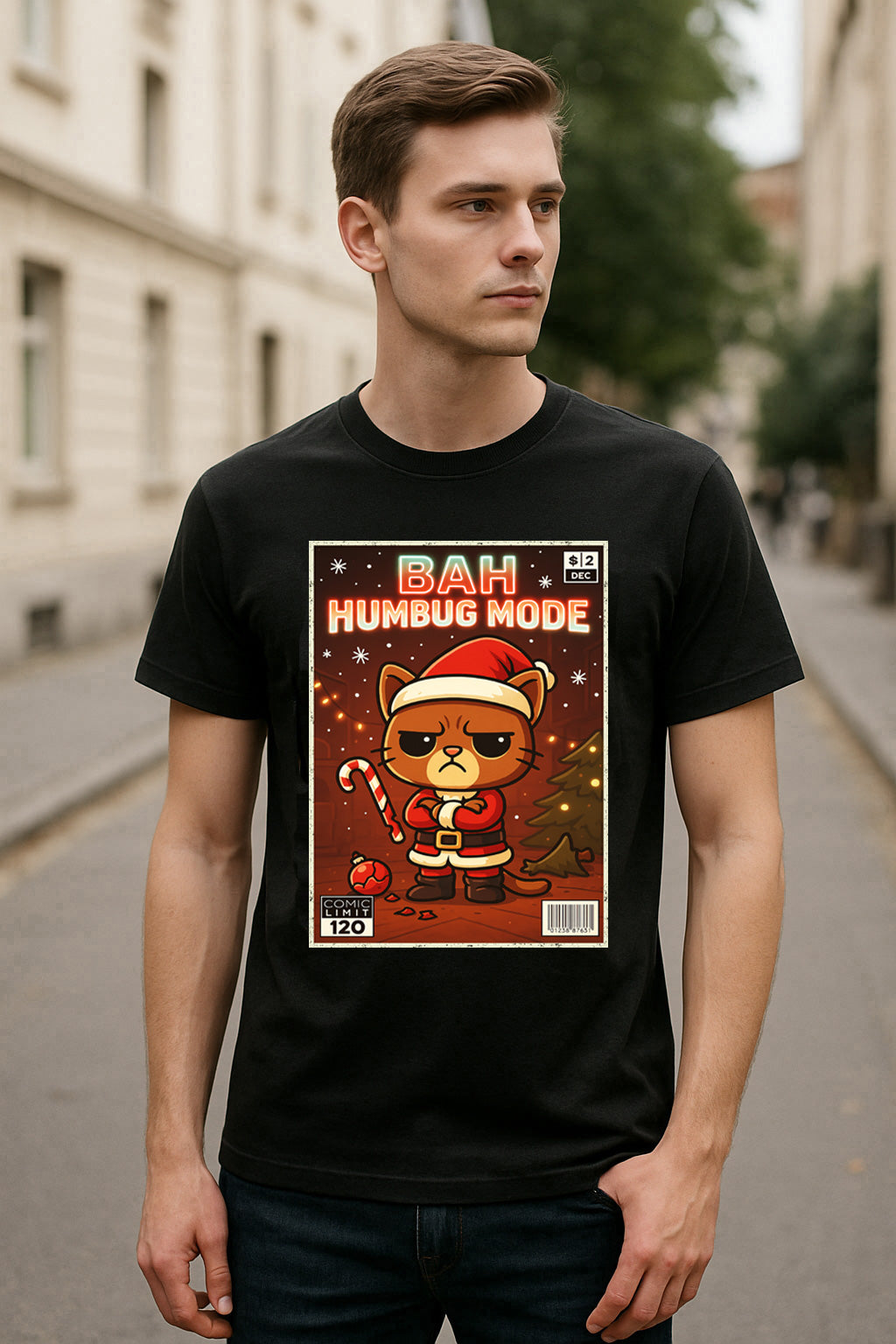 Bah Humbug Mode Funny Christmas Cat Unisex Christmas T-Shirt or Hoodie