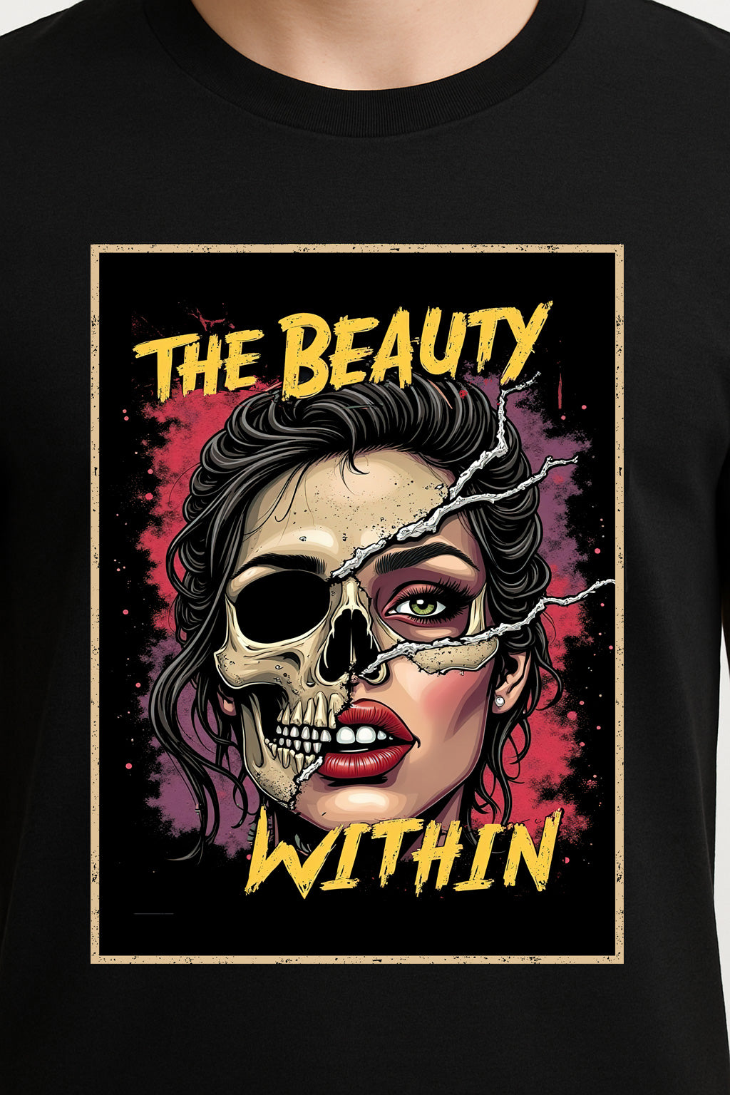 The Beauty Within Unisex T-Shirt – Gothic Skull Split Face Dark Horror Art Graphic Tee