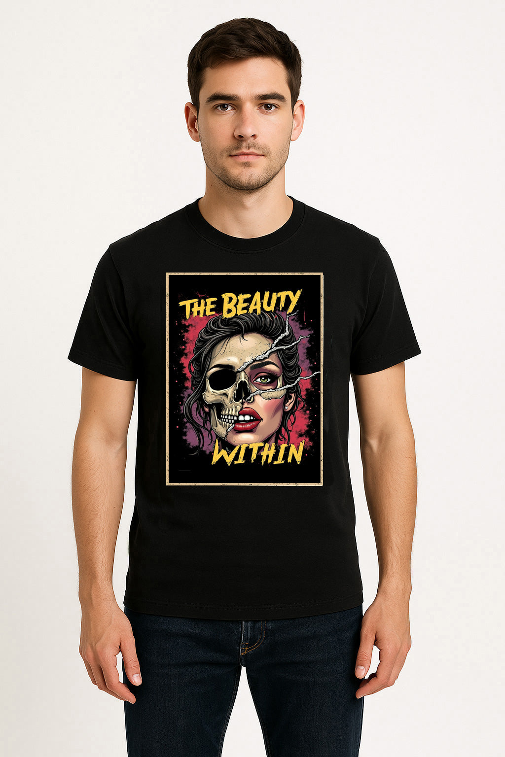The Beauty Within Unisex T-Shirt – Gothic Skull Split Face Dark Horror Art Graphic Tee
