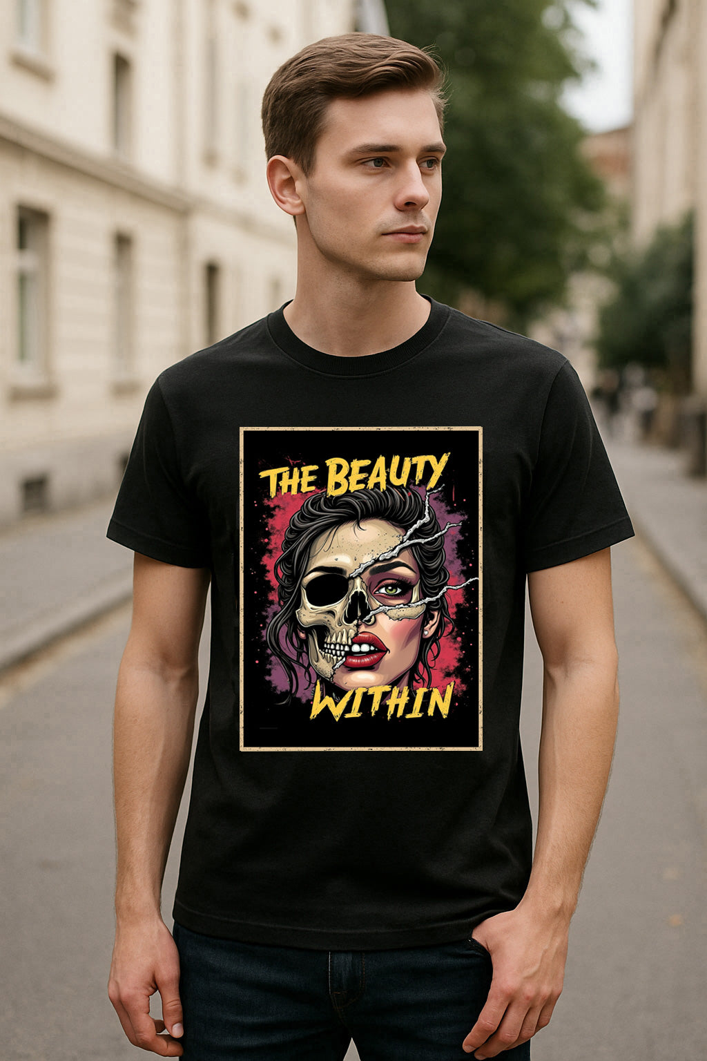 The Beauty Within Unisex T-Shirt – Gothic Skull Split Face Dark Horror Art Graphic Tee