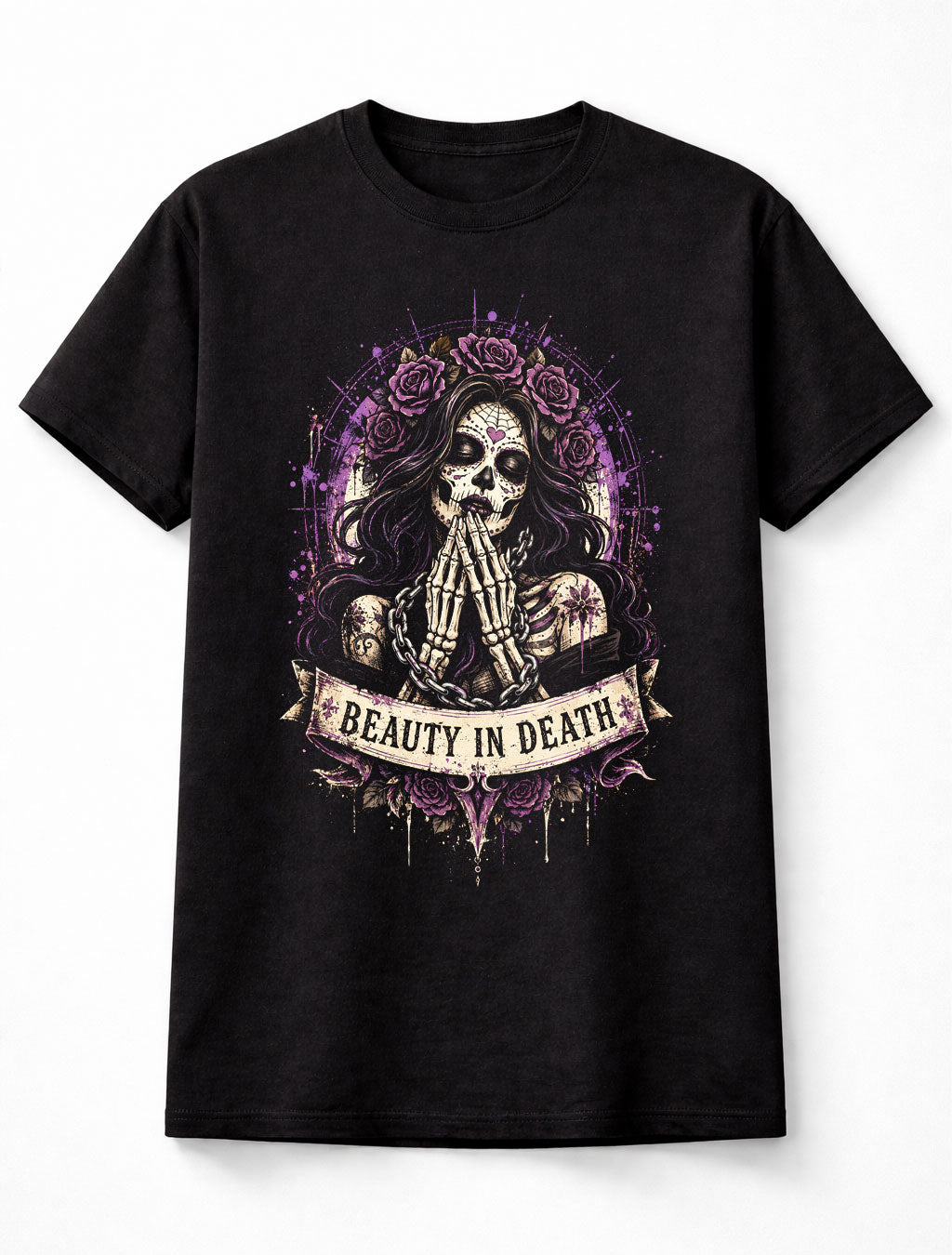 Beauty In Death Gothic Sugar Skull Roses Graphic Unisex T-Shirt