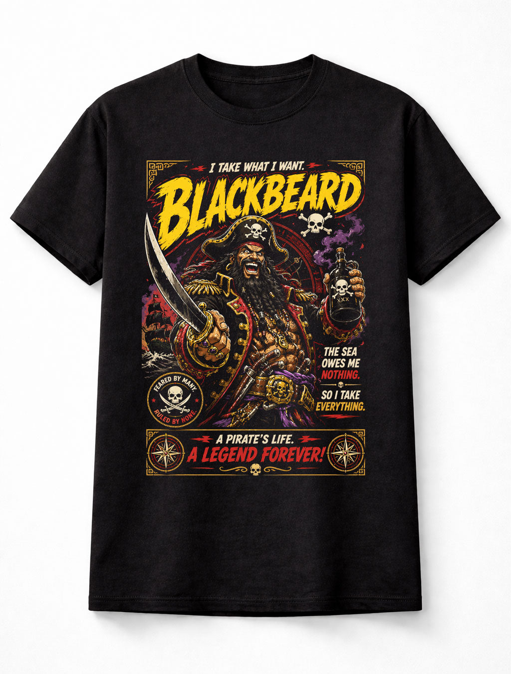 Blackbeard Pirate Captain Skull Sword Buccaneer Graphic Unisex T-Shirt