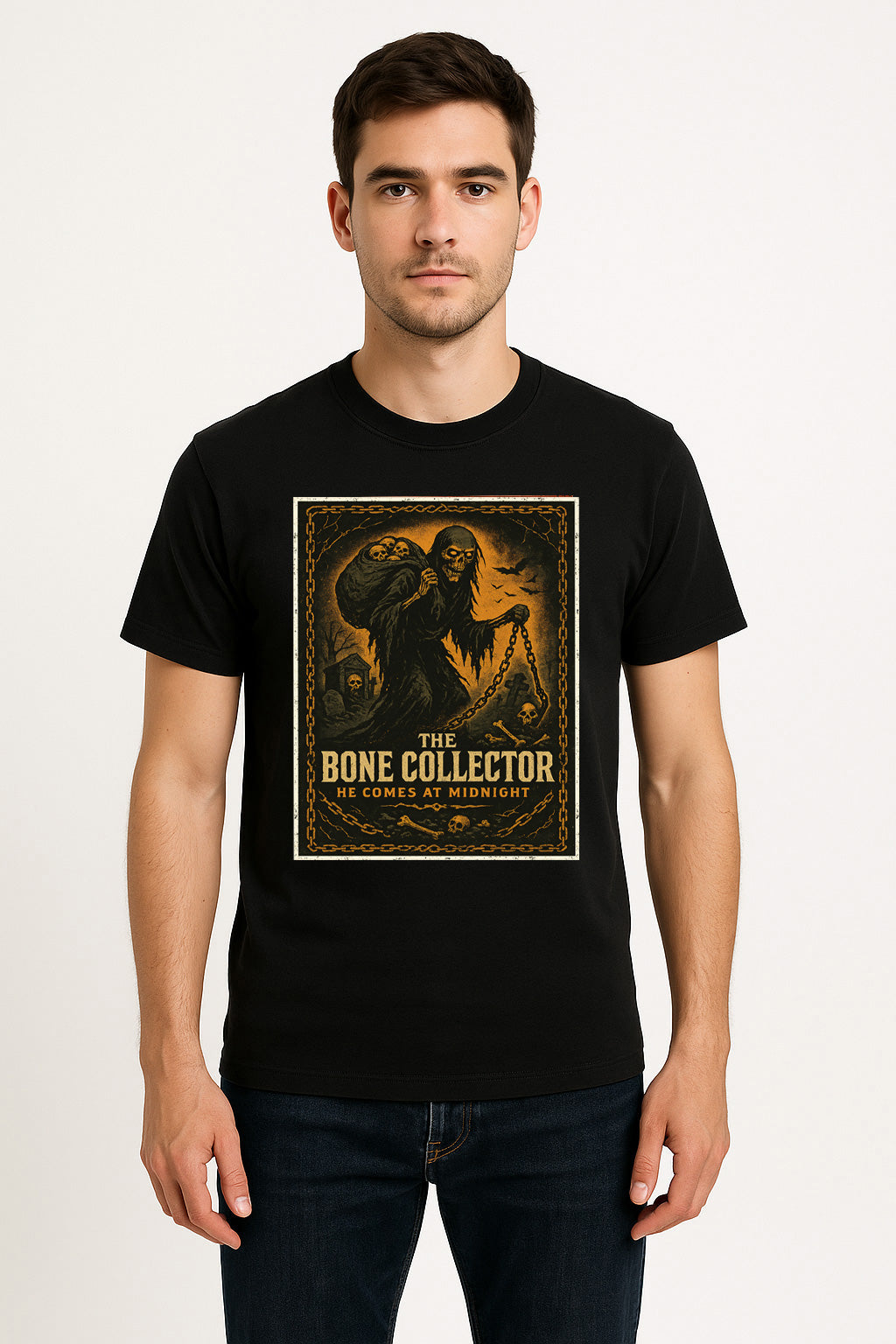 The Bone Collector “He Comes at Midnight” Unisex T-Shirt – Retro Horror Dark Comic Tee