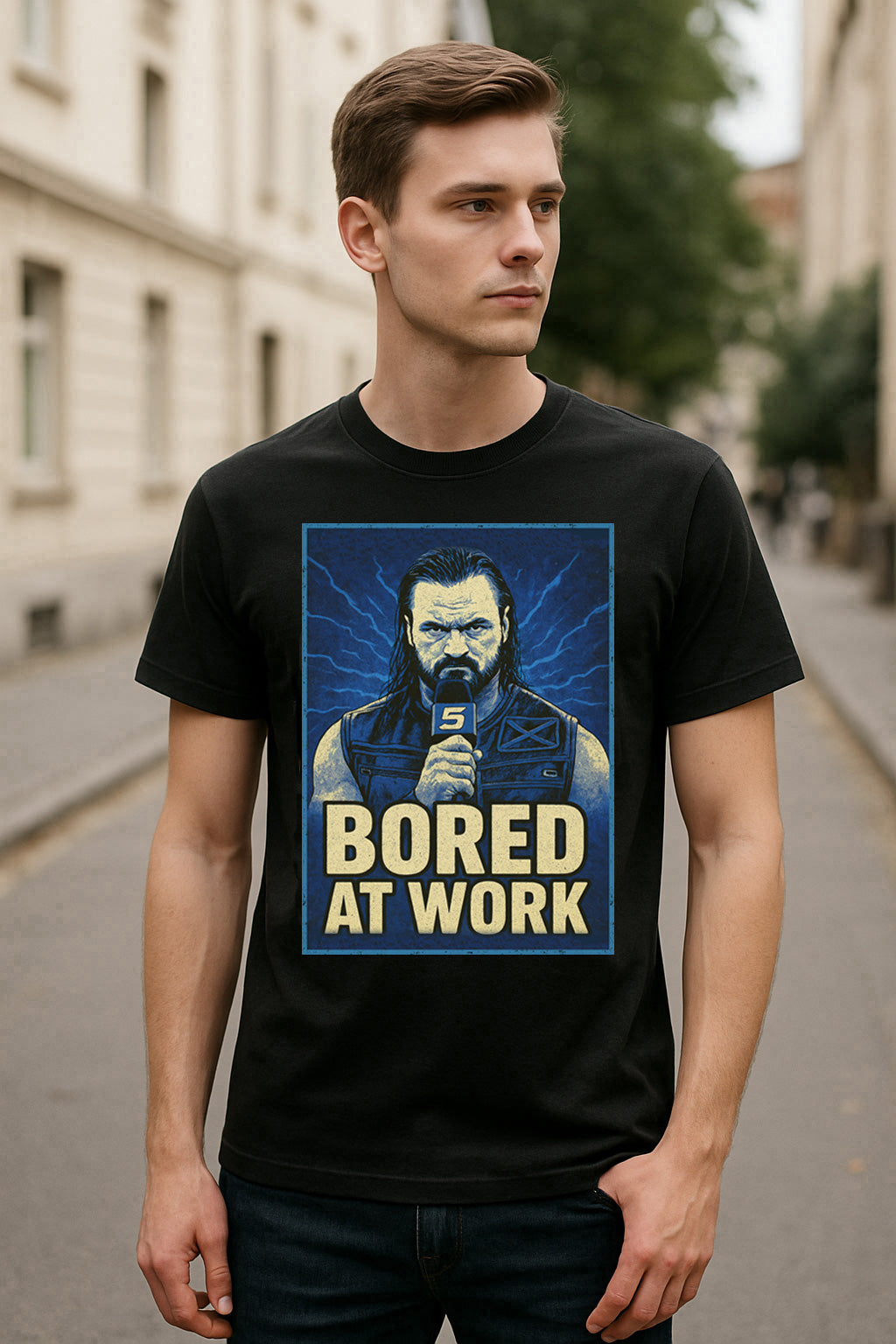 Drew McIntyre Bored at Work Parody Wrestling Unisex T-Shirt Funny Retro Meme Tee