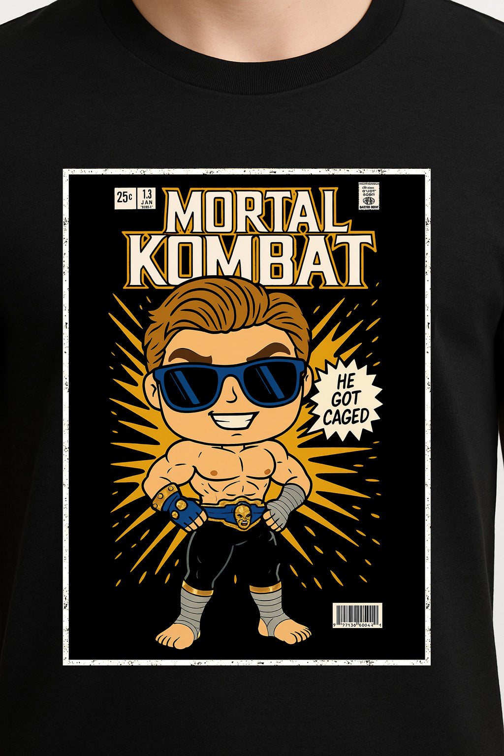 Mortal Kombat Johnny Cage “He Got Caged” Unisex T-Shirt – Retro Hollywood Fighter Graphic Tee
