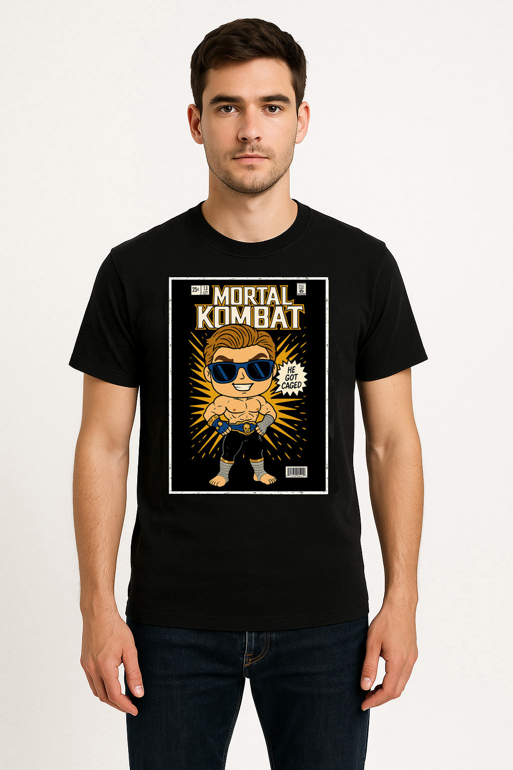 Mortal Kombat Johnny Cage “He Got Caged” Unisex T-Shirt – Retro Hollywood Fighter Graphic Tee