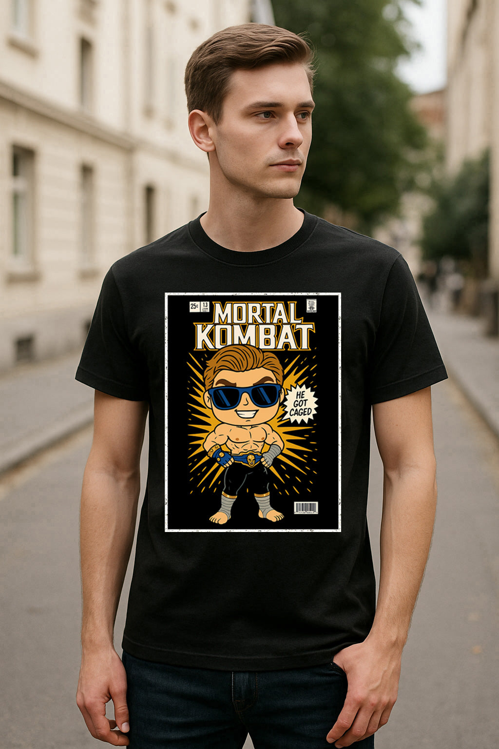 Mortal Kombat Johnny Cage “He Got Caged” Unisex T-Shirt – Retro Hollywood Fighter Graphic Tee