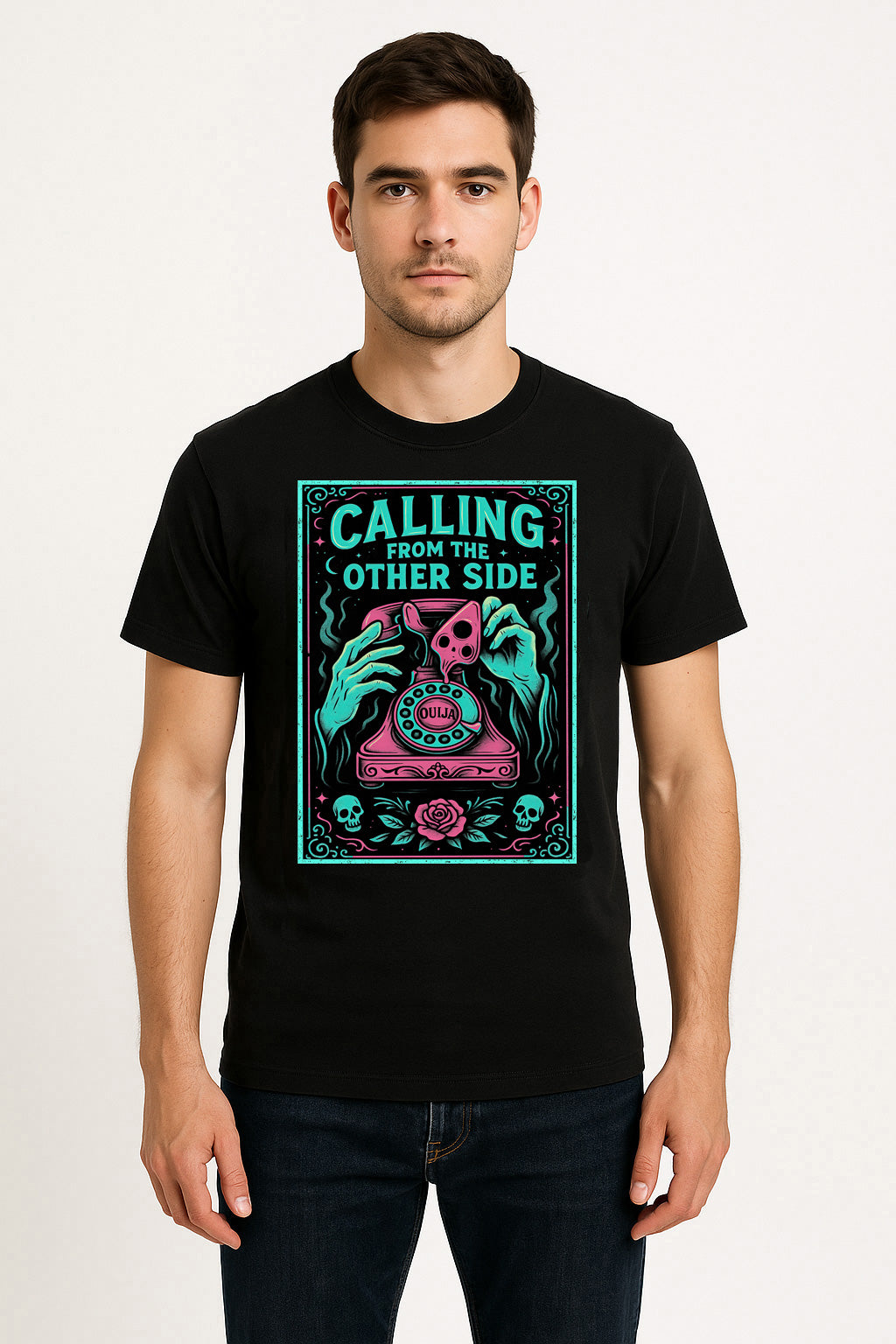 Calling From the Other Side Unisex T-Shirt – Retro Occult Spirit Board Spooky Ghost Graphic Tee