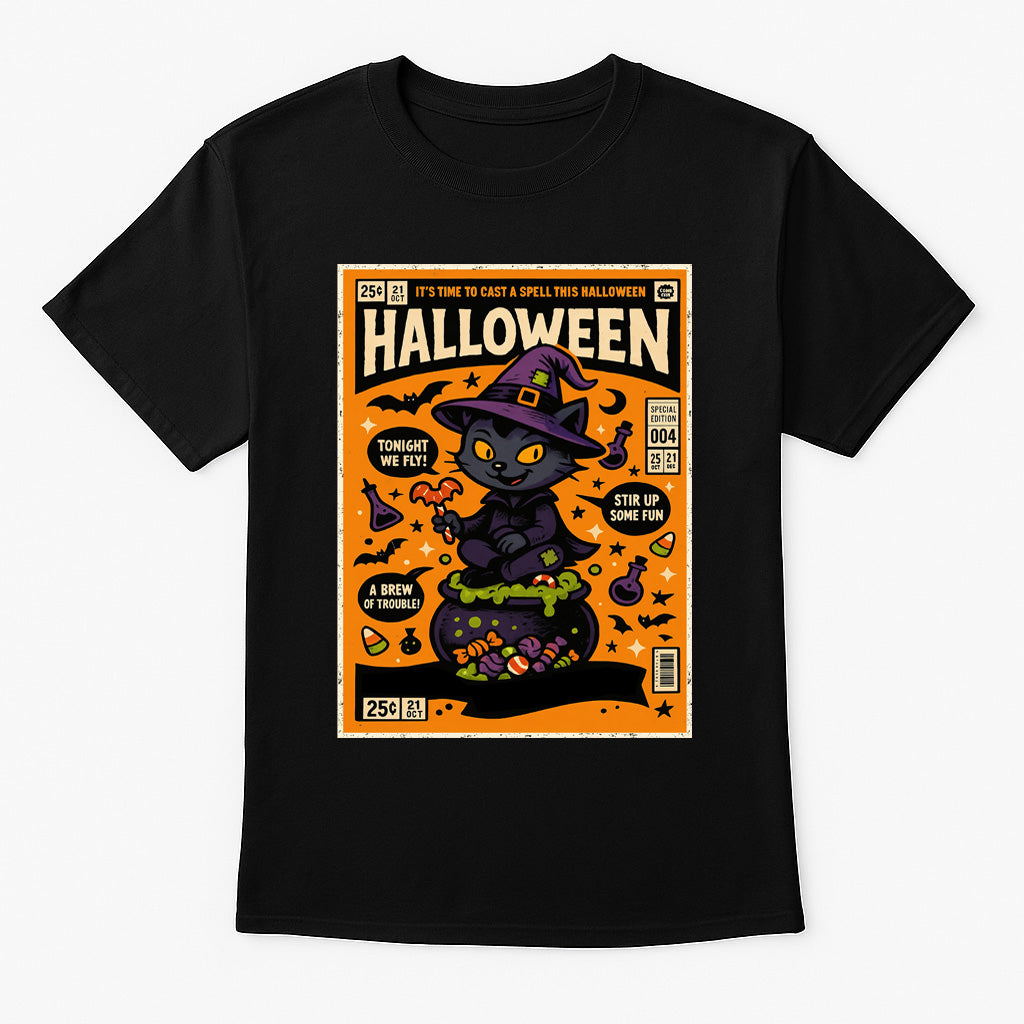 Halloween Black Cat Witch Comic Unisex T-Shirt Retro Spooky Tee