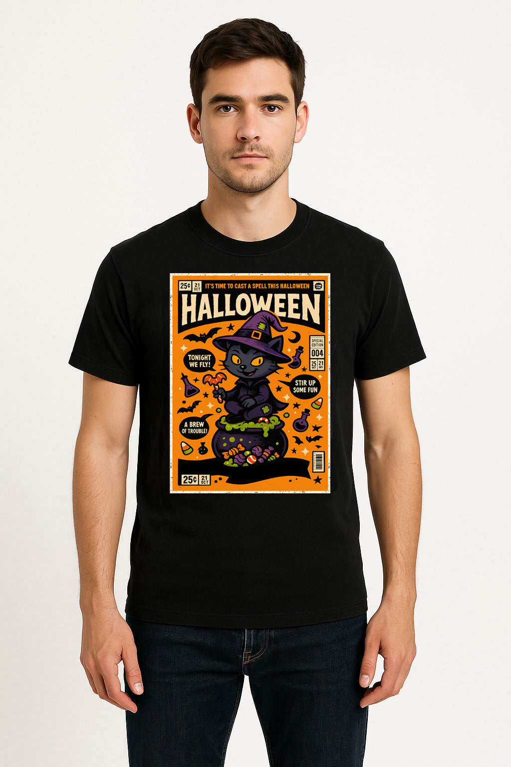 Halloween Black Cat Witch Comic Unisex T-Shirt Retro Spooky Tee