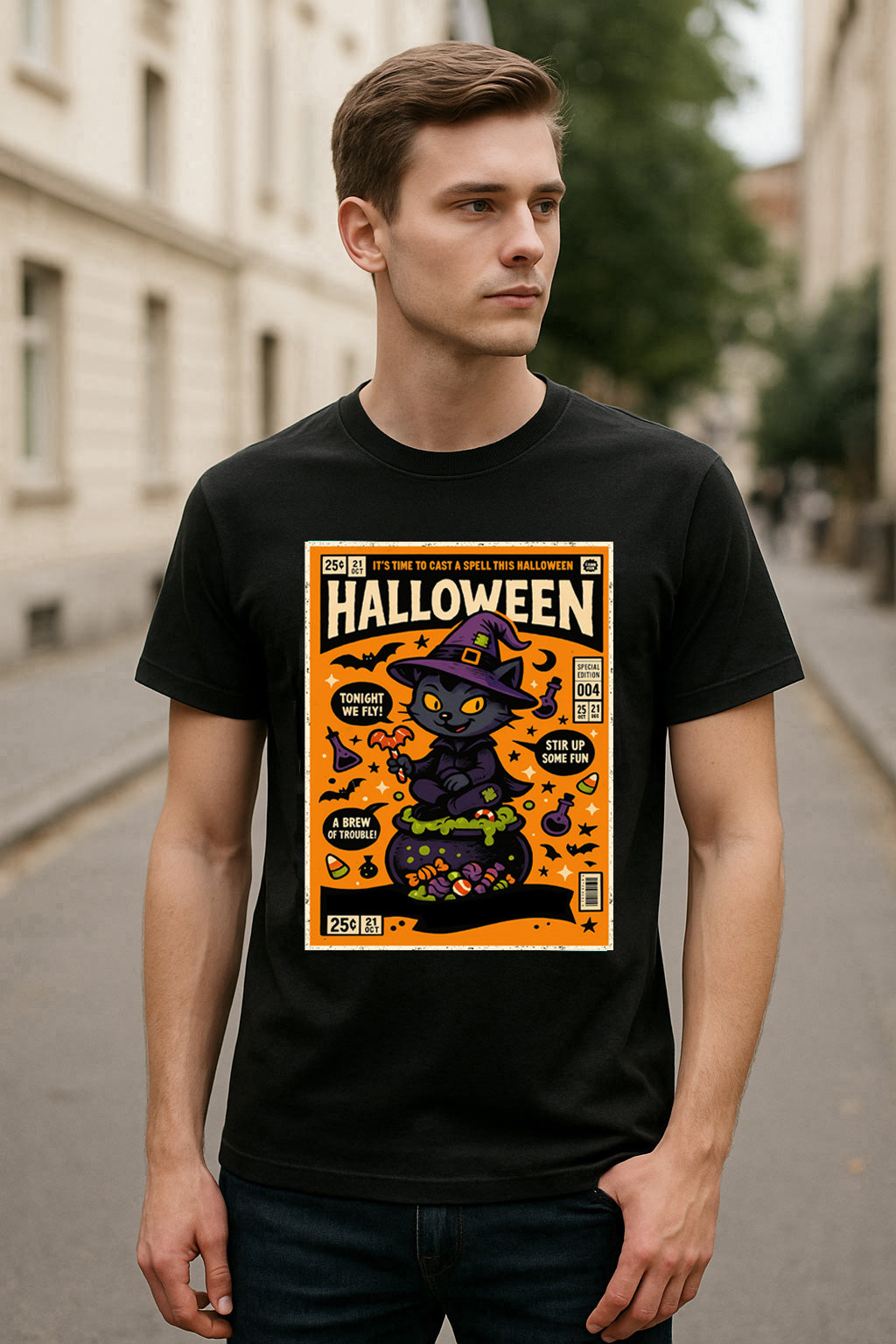Halloween Black Cat Witch Comic Unisex T-Shirt Retro Spooky Tee