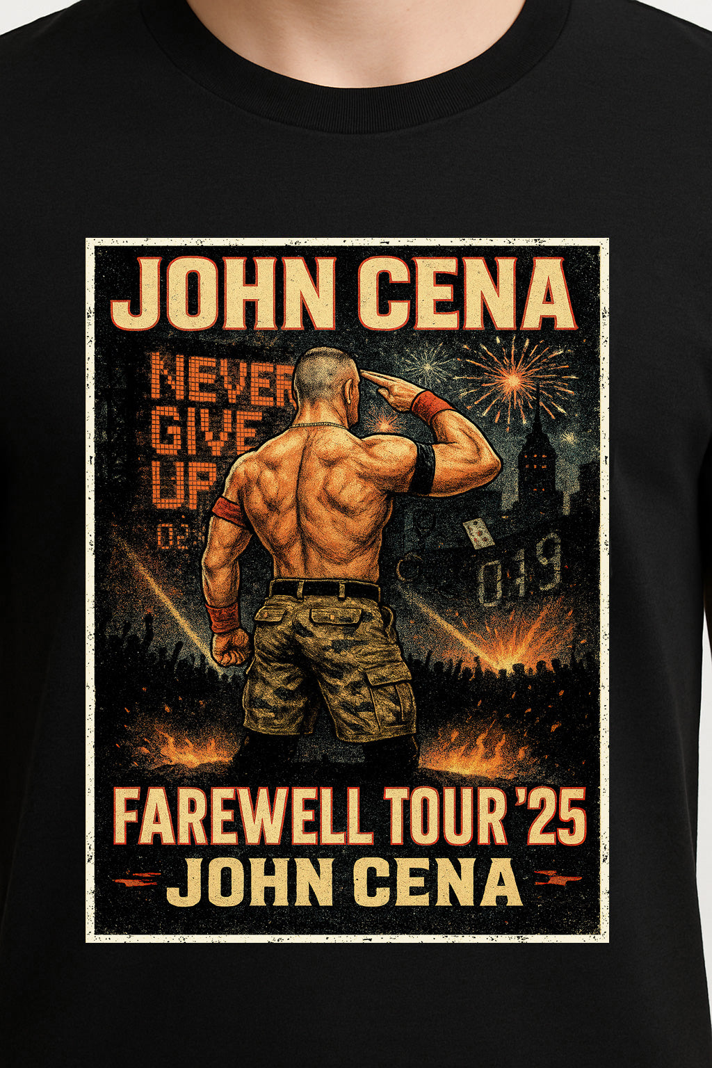 John Cena Farewell Tour '25 Unisex T-Shirt – Retro Wrestling Tribute “Never Give Up” Graphic