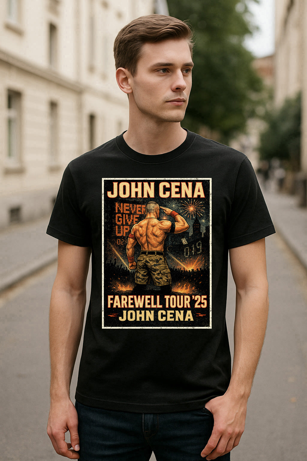 John Cena Farewell Tour '25 Unisex T-Shirt – Retro Wrestling Tribute “Never Give Up” Graphic