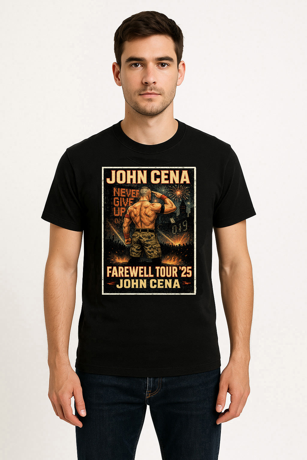 John Cena Farewell Tour '25 Unisex T-Shirt – Retro Wrestling Tribute “Never Give Up” Graphic
