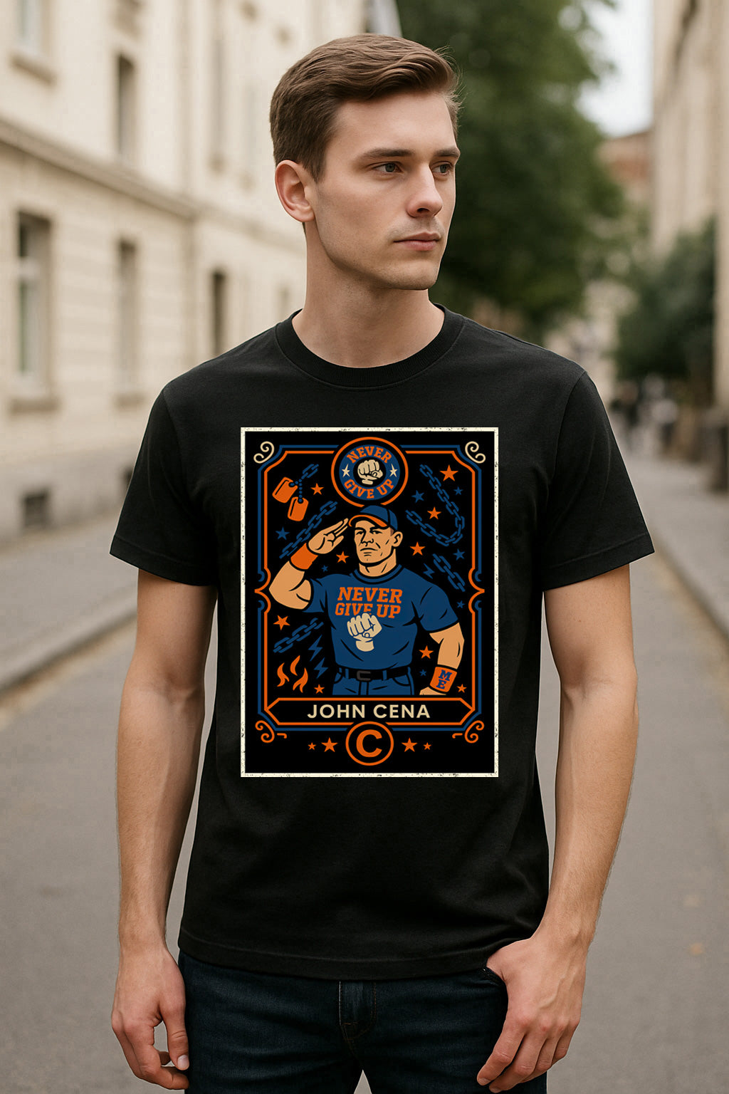 John Cena “Never Give Up” Unisex Wrestling T-Shirt Inspired Hustle Loyalty Respect Superstar Tee