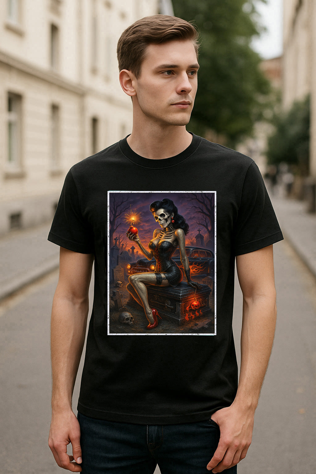 Graveyard Pinup Skeleton Unisex T-Shirt Rockabilly Horror Tee