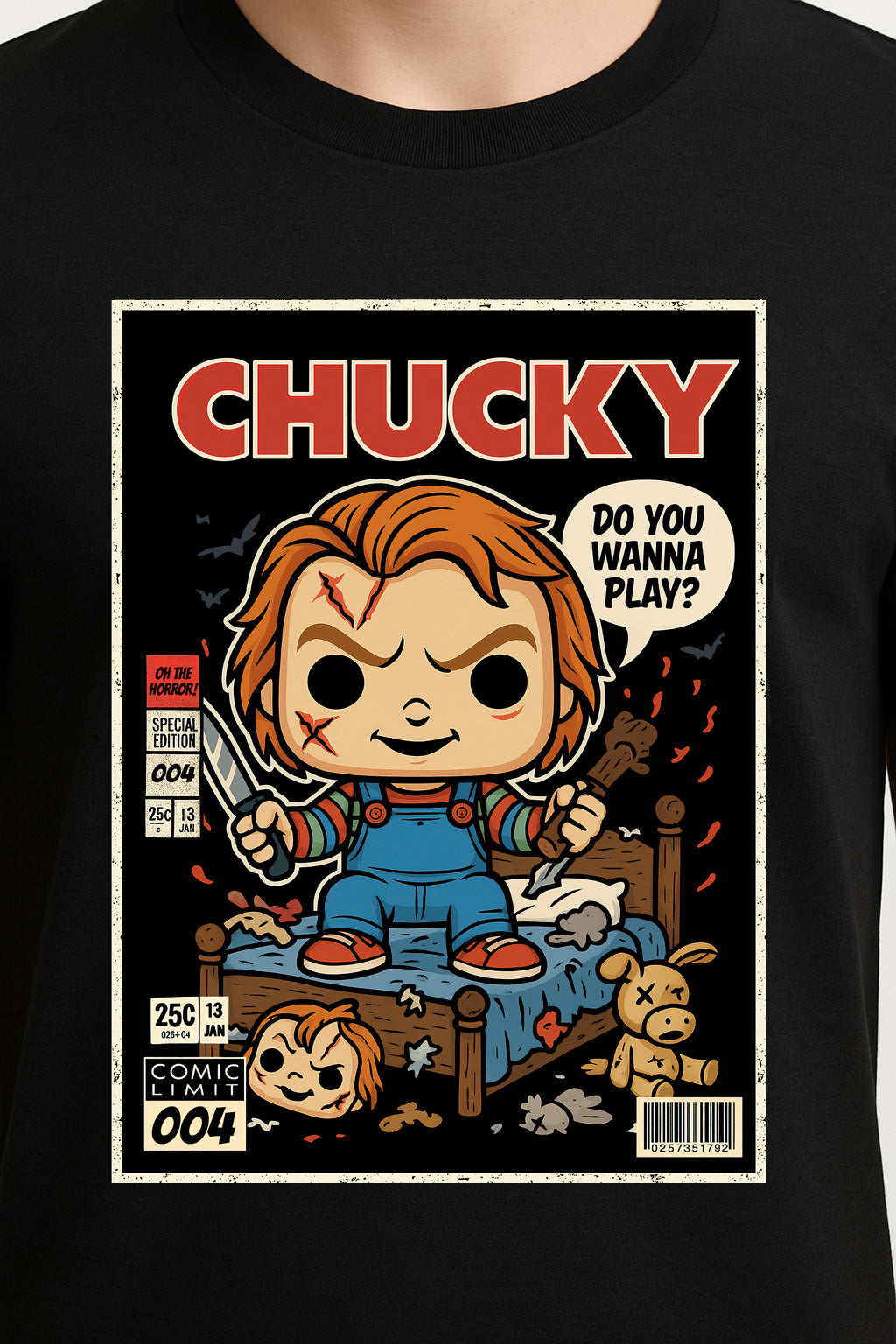 Chucky “Do You Wanna Play?” Graphic Tee – Retro Horror Comic Style T-Shirt for Classic Slasher Fans