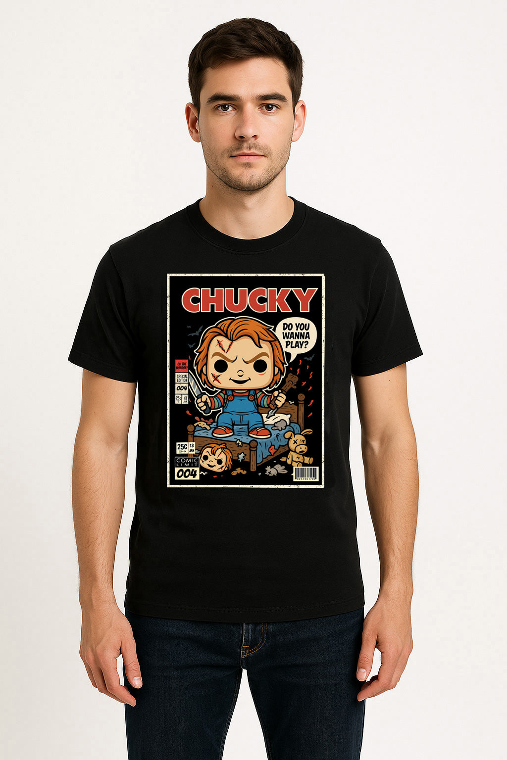 Chucky “Do You Wanna Play?” Graphic Tee – Retro Horror Comic Style T-Shirt for Classic Slasher Fans
