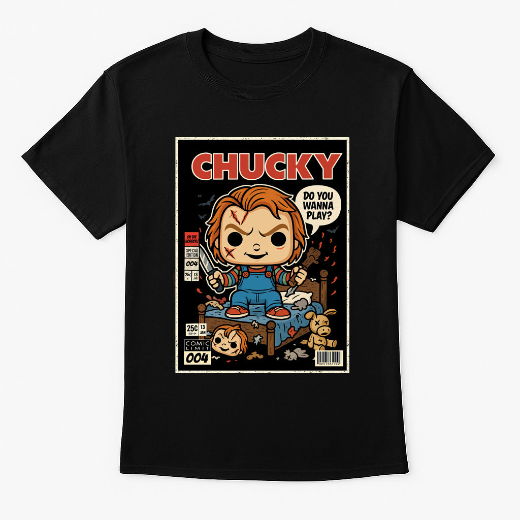 Chucky “Do You Wanna Play?” Graphic Tee – Retro Horror Comic Style T-Shirt for Classic Slasher Fans