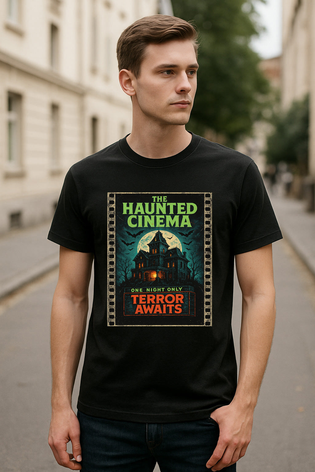 Haunted Cinema “Terror Awaits” Unisex T-Shirt – Gothic Wrestling Vintage Horror Tee