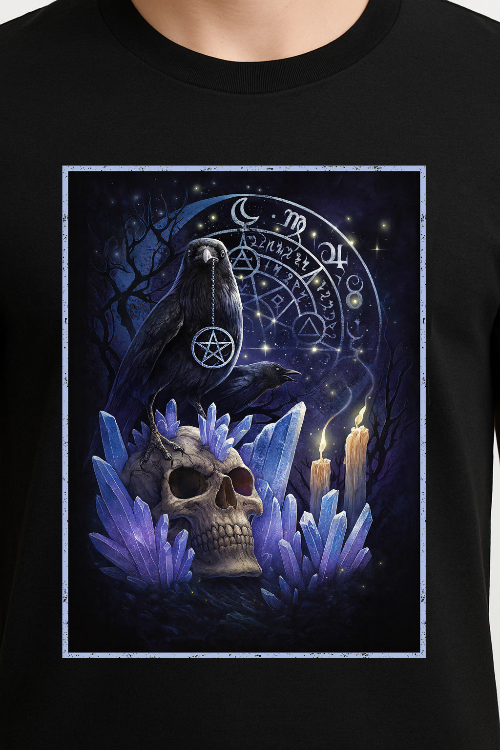 Occult Raven & Crystal Skull Unisex T-Shirt – Gothic Witchcraft Alchemy Dark Mystic Graphic Tee