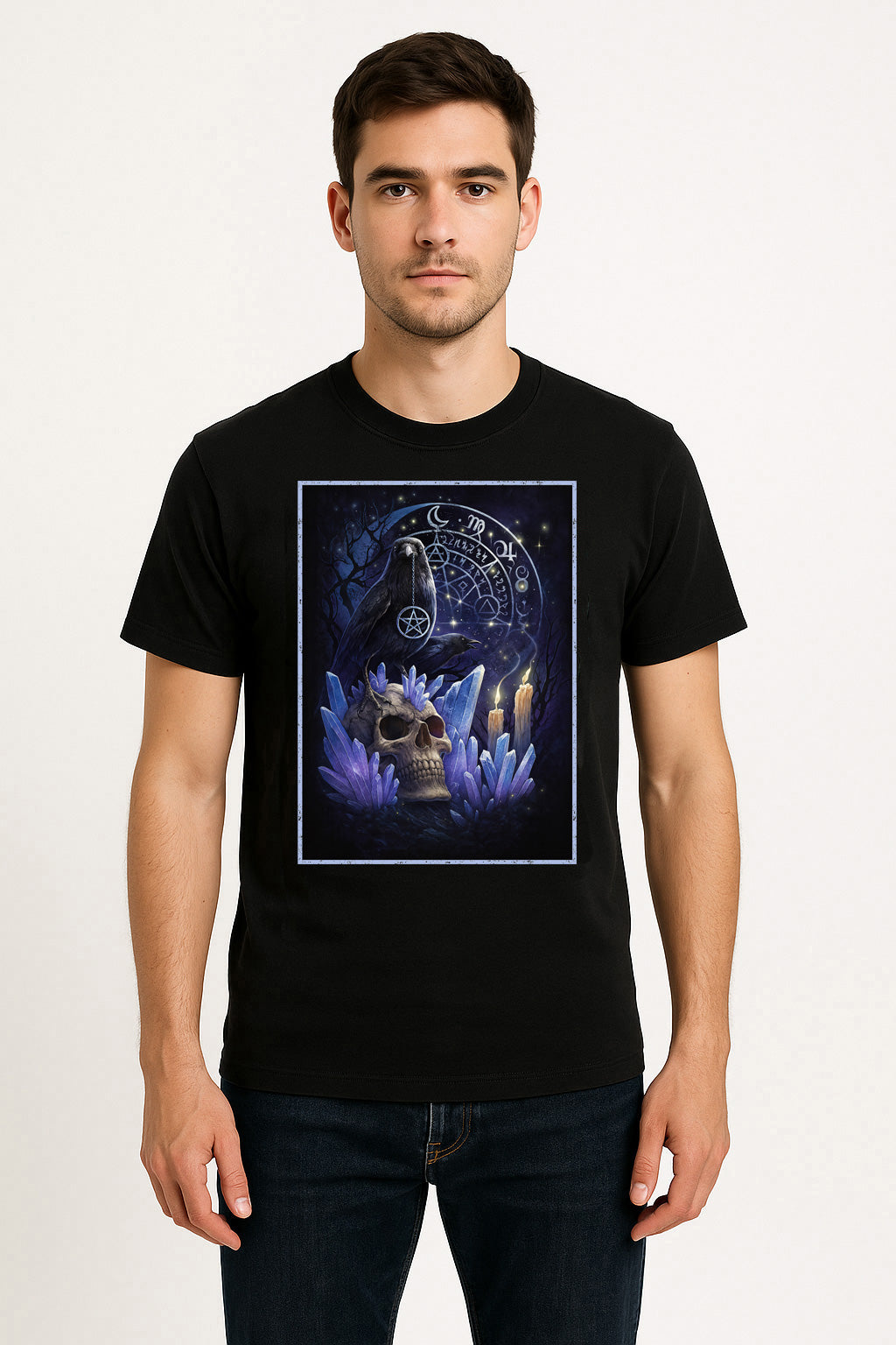 Occult Raven & Crystal Skull Unisex T-Shirt – Gothic Witchcraft Alchemy Dark Mystic Graphic Tee