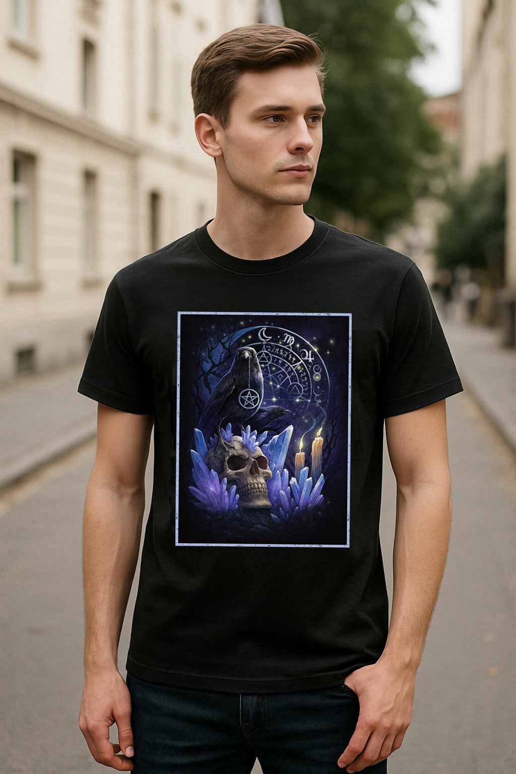 Occult Raven & Crystal Skull Unisex T-Shirt – Gothic Witchcraft Alchemy Dark Mystic Graphic Tee