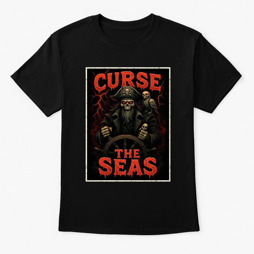 Curse the Seas unisex t-shirt featuring skeletal pirate captain with glowing red eyes steering ship through lightning storm, gothic red and black nautical design printed on black cotton tee