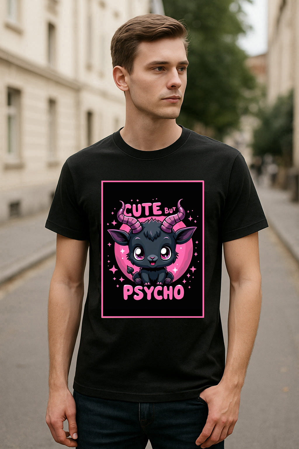 Cute But Psycho Unisex T-Shirt – Kawaii Dark Humor Goat Adorably Chaotic Graphic Tee