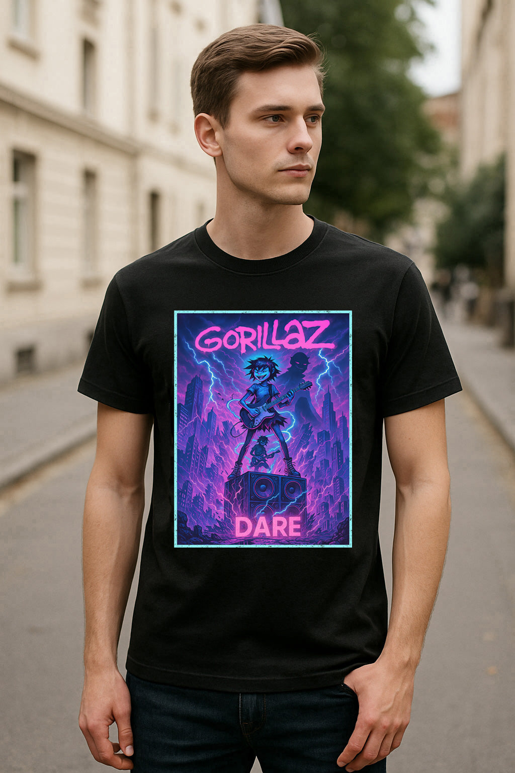 Gorillaz “DARE” Unisex T-Shirt – Neon Comic Style Virtual Band Electro-Funk Classic Tee
