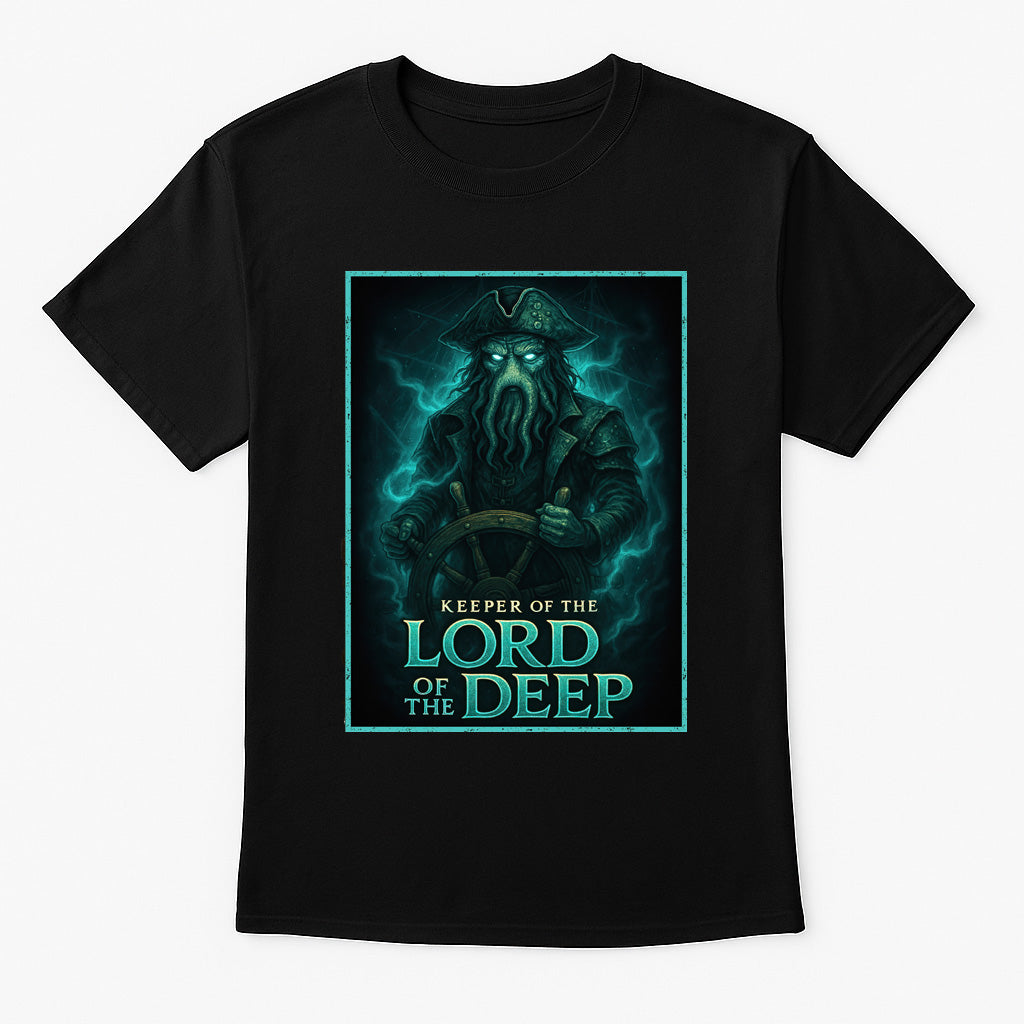 Keeper of the Lord of the Deep unisex t-shirt featuring cursed sea captain with tentacled face steering a ship, glowing teal gothic nautical design on black cotton tee