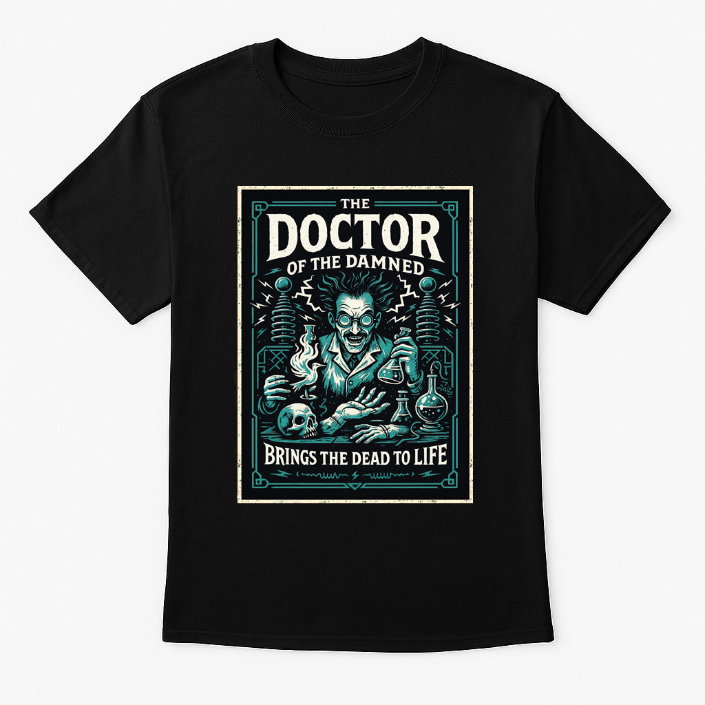 Doctor of the Damned unisex t-shirt featuring mad scientist surrounded by skulls and lightning, gothic teal design printed on black cotton tee