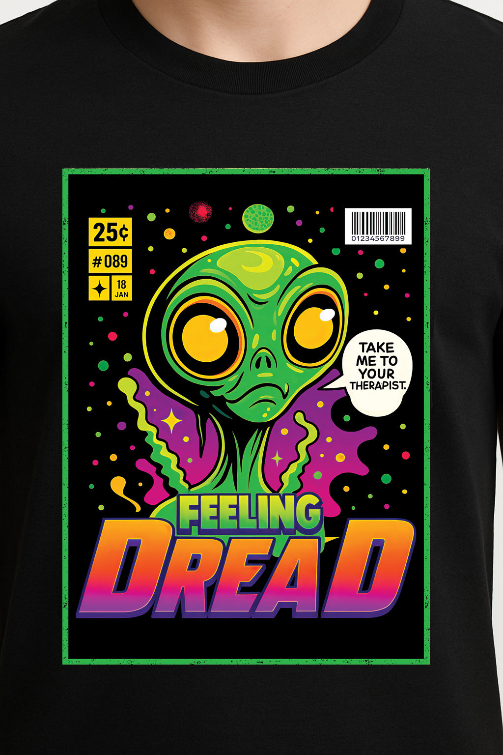 Feeling Dread Unisex T-Shirt – “Take Me to Your Therapist” Alien Anxiety Graphic Tee