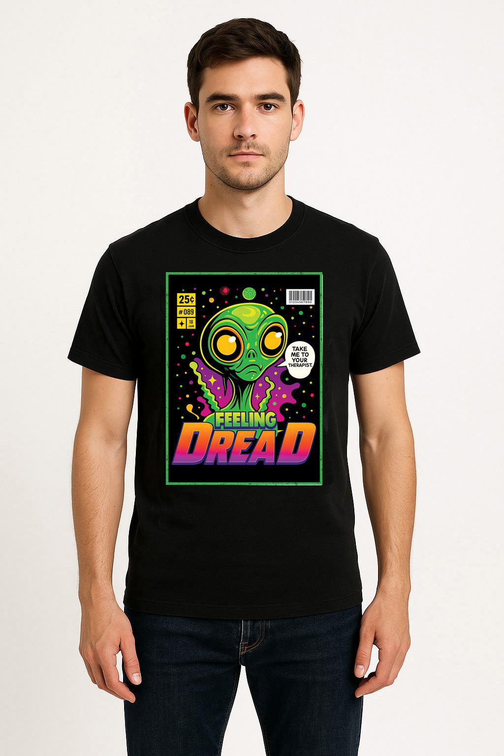 Feeling Dread Unisex T-Shirt – “Take Me to Your Therapist” Alien Anxiety Graphic Tee