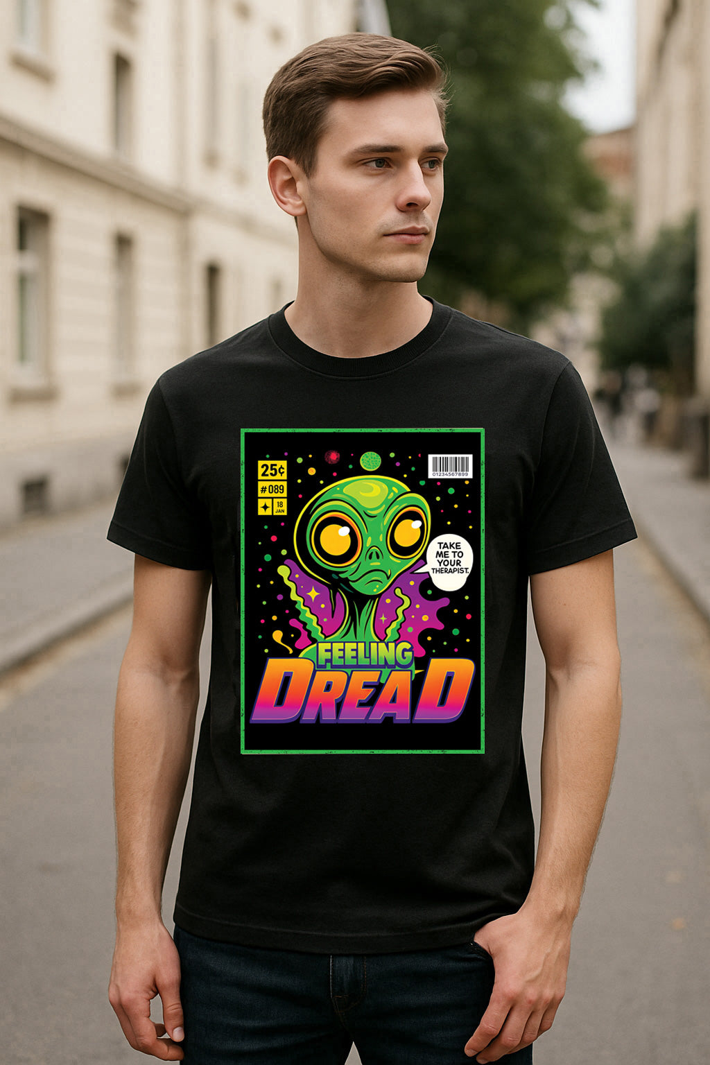 Feeling Dread Unisex T-Shirt – “Take Me to Your Therapist” Alien Anxiety Graphic Tee