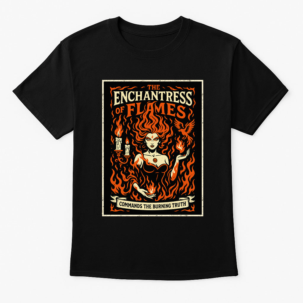 Enchantress of Flames unisex t-shirt featuring fiery sorceress surrounded by flames and candles, gothic orange design printed on black cotton tee