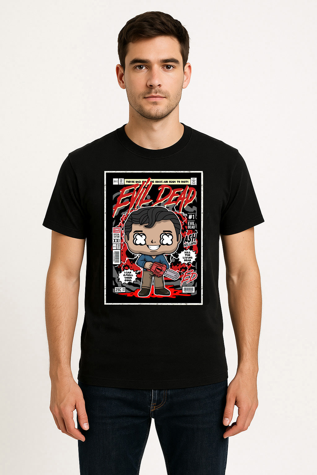 Evil Dead “Ash vs The Deadites” Graphic T-Shirt – Retro Comic Book Horror Tee for Cult Movie Fans
