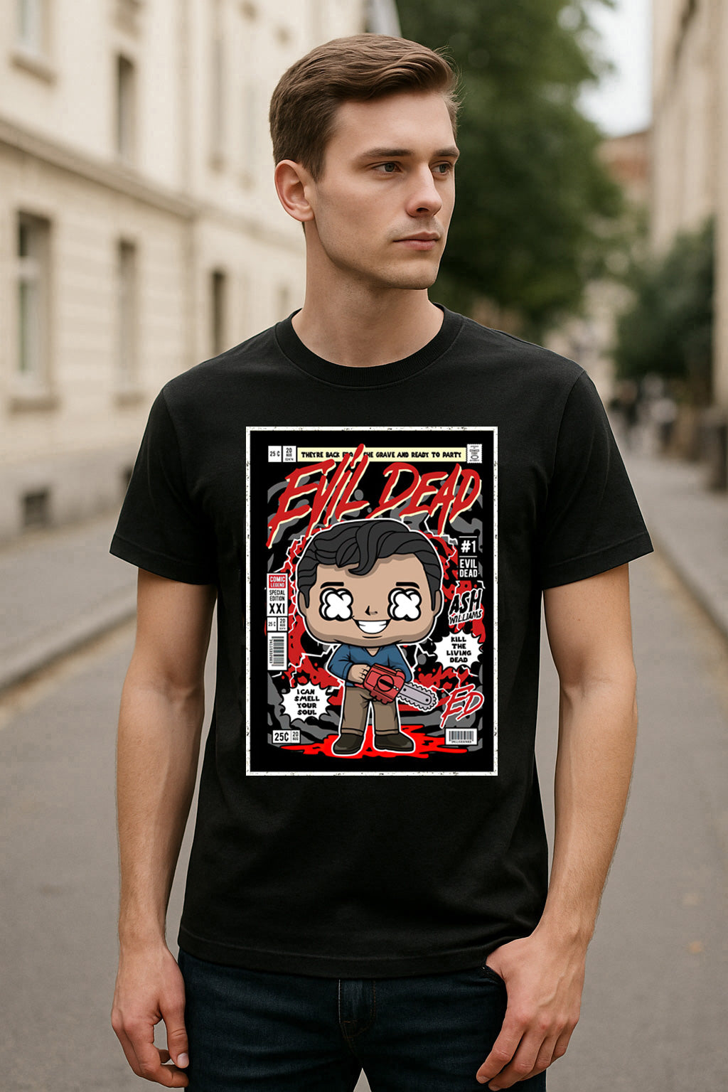 Evil Dead “Ash vs The Deadites” Graphic T-Shirt – Retro Comic Book Horror Tee for Cult Movie Fans
